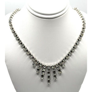 VTG Rhinestone Necklace‎ Clear Dangle Silver Tone J1-3026